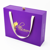 Boîte cadeau de luxe en carton rigide avec logo doré et gaufrage, tiroir coulissant, pour paquets de cheveux, matériaux recyclés, poignée en ruban