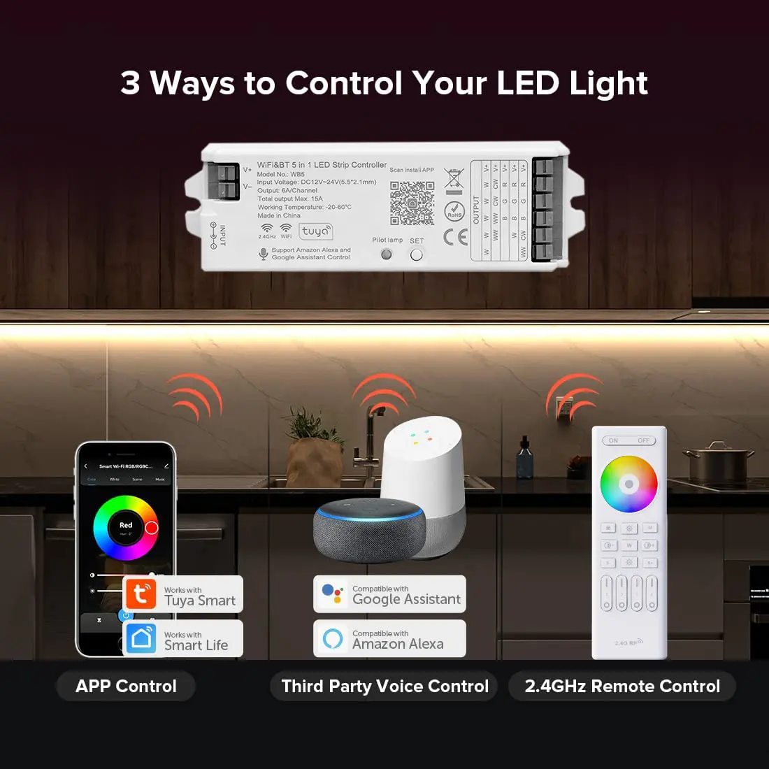 Tuya แผงควบคุมแอปสมาร์ทโฟน WiFi RF DC 12V 24V 5 in 1 LED Strip Controller RGB RGBW rgbt cob