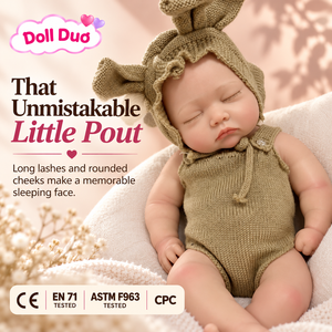 DollDuo Custom 13 inch Silicone Reborn Baby Doll Sleeping Pout Khaki <b>Bunny</b> <b>Outfit</b> Lifelike Hand Painted Halloween Gift for Kids - Product Image 1