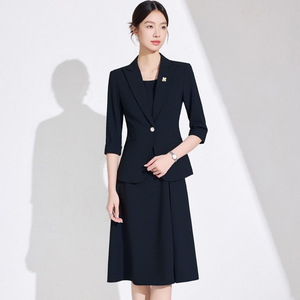 Women's Suit Set Blazer Dress Midi Length Three Quarter Sleeve Polyester Crepe Anti-Wrinkle Formal <b>Work</b> Wear - Product Image 4
