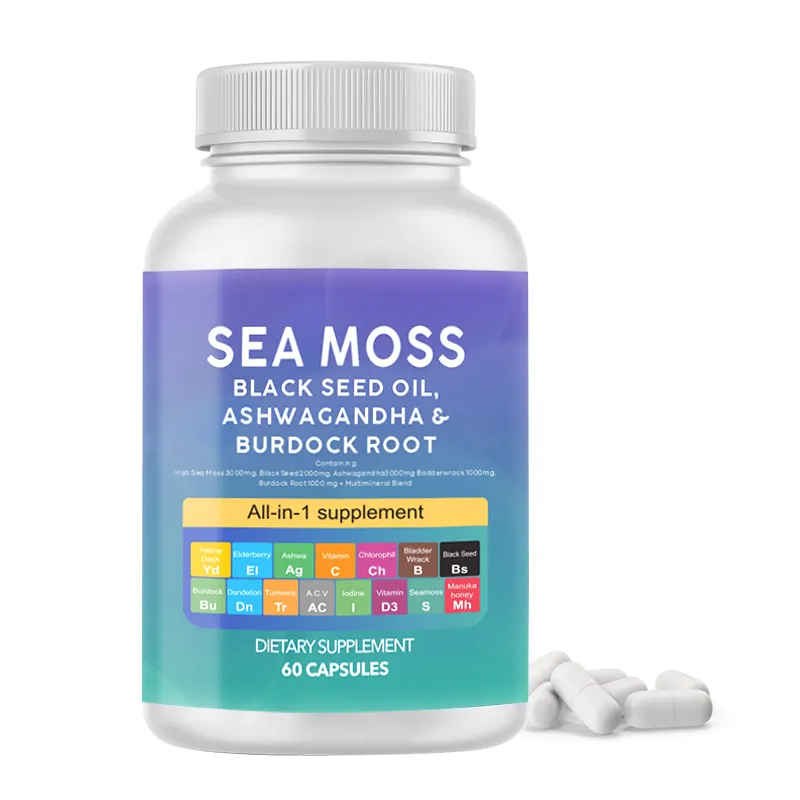 OEM label pribadi populer kapsul Seamoss Label kekebalan pribadi meningkatkan metabolisme mendukung kapsul keras lumut laut