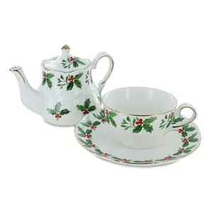 豪华英国茶时间茶壶套装冬青圣诞瓷茶为一个