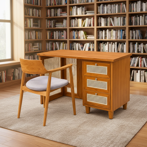 Contemporary Teak Home Office <b>Desk</b> with Cane Drawer Storage and Wooden Accent Chair for <b>Study</b> Workspace Furniture - Product Image 6