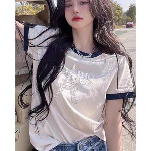 T-shirt blanc en pur coton de style européen pour femme ; Haut basique à manches courtes et col rond, coupe ample, couleur unie, motif Tour Eiffel de Paris - Product Image 4