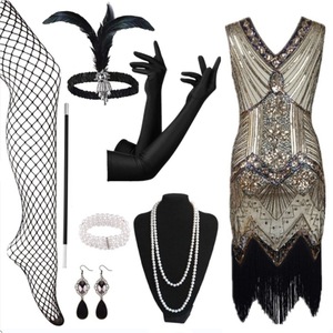 1920s Retro <b>Sequined</b> Fringe Dress V-neck Sheath Evening Gown With Accessories Size S-4XL - Product Image 3
