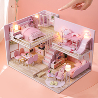 Kit de Casa de Muñecas de Madera Ensamblado a Mano, Casa de Muñecas Rosa con Tobogán y Luces LED, Miniatura de Casa de Muñecas, Regalo de Cumpleaños para Niñas