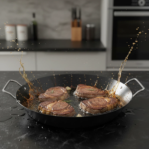 กระทะปาเอญ่า ผลิตจากโรงงาน แบบ OEM อเนกประสงค์ หนา 1.5 มม. ทำจากเหล็กกล้าคาร์บอนเคลือบสารกันติด ขนาด 22 ซม. 26 ซม. 30 ซม. 34 ซม. 38 ซม. 42 ซม. มีหูจับสองข้าง - Product Image 2