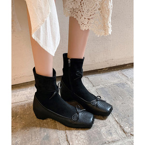 Women Vintage Style Sheepskin Ballet Inspired Bow Tied Slim Fit Boots New French Style Fall Winter Collection Pig Nose Chunky - Product Image 2