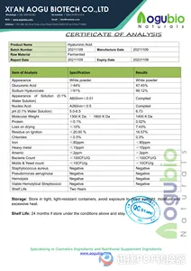 Acide hyaluronique de Sodium en poudre de qualité cosmétique/de qualité alimentaire