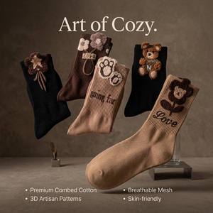 Chaussettes décontractées mi-mollet pour femmes, 100 % coton, respirantes, tricotées, avec motifs de dessins animés en 3D, pour l'automne et l'hiver - Product Image 2
