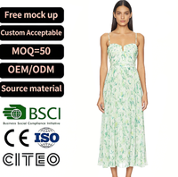 Robe midi plissée vert floral pour femme, col cœur, bretelles spaghetti, jupe fluide, tenue de soirée d'été élégante et vintage