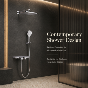 Ensemble de douche mural moderne en laiton avec barre coulissante à double poignée, jets pluie et <span class=keywords><strong>massage</strong></span>, étagère de rangement et cartouche céramique - Product Image 1