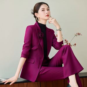 Women's Purple Pants Suit Slim Fit Long Sleeve Professional Formal Wear Anti-Wrinkle Worsteds Business Leisure Banquet - Product Image 1
