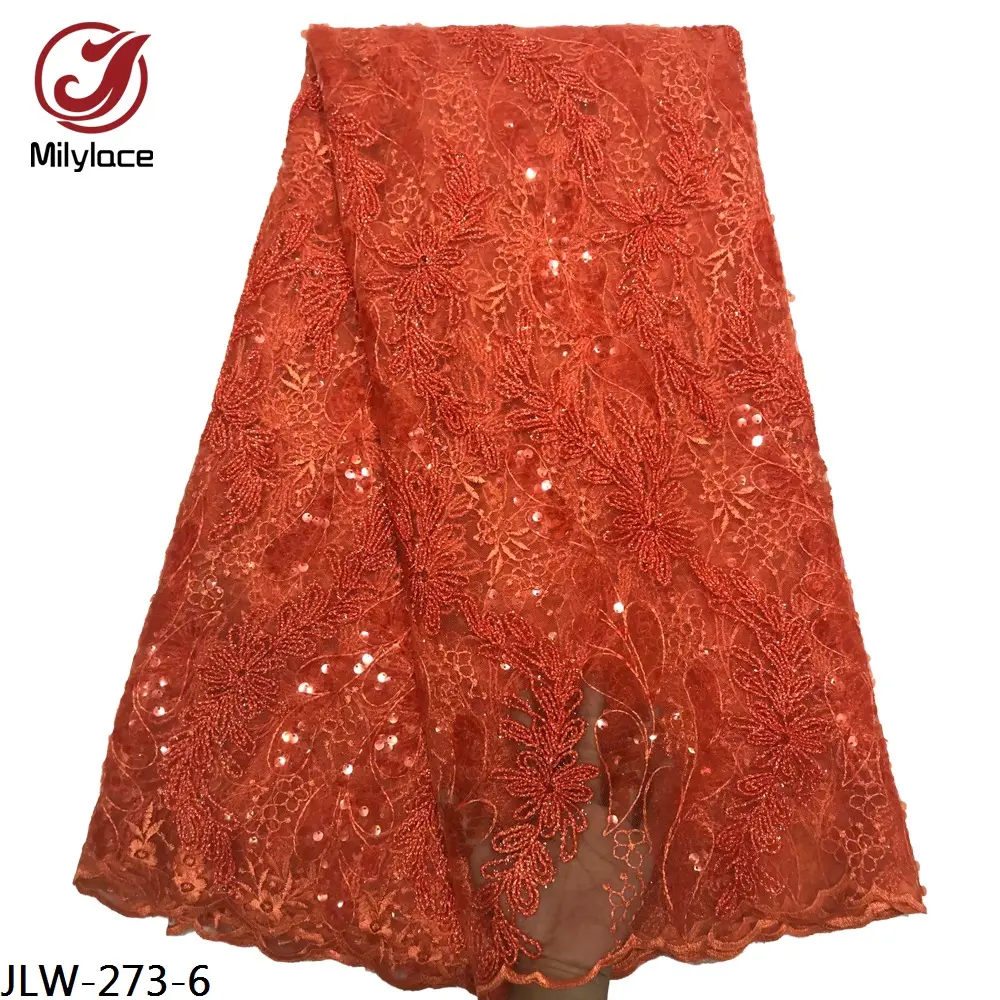 Wholesale Pretty African Sequins Embroidery Burnt Orange Net Tulle Lace Fabric for Wedding