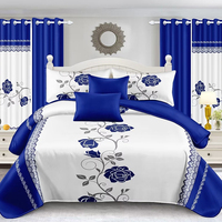 Ensemble de Literie 12 Pièces Effet Coton Rayé avec Couvre-lit, Draps et Rideaux Assortis, Grand Lit, Patchwork Floral pour Chambres