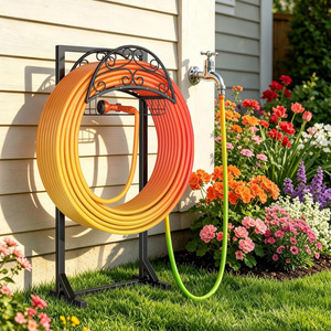 Soporte para manguera de jardín, estante de almacenamiento de manguera independiente con cesta de almacenamiento, estante de almacenamiento metálico para jardín exterior. - Product Image 3