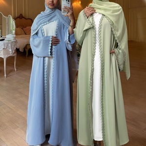 Elegant Modest Floral Lace Trim Nida Open Abaya Summer Wedding Fashion Soft Chiffon Hijab Included (14820) - Product Image 1