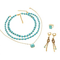 Ensemble de bijoux en acier inoxydable électroplaqué turquoise, collier, boucles d'oreilles, bracelet, style chinois, design géométrique tendance, cadeau pour femmes