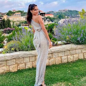 OUDINA – robe longue à paillettes pour femmes, nouveau Style, épaule oblique argentée, asymétrique, élastique, fête - Product Image 6