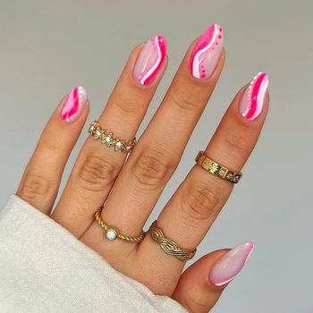 24PCS Fake Nails Medium Length Press on Nails Almond Acrylic Full Cover False Nails for Women and Girls
