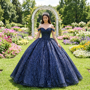 Robes de Quinceañera bleues scintillantes perlées avec traîne en tulle bouffant, robes de Sweet 16, robes de princesse Quince Jancember - Product Image 1