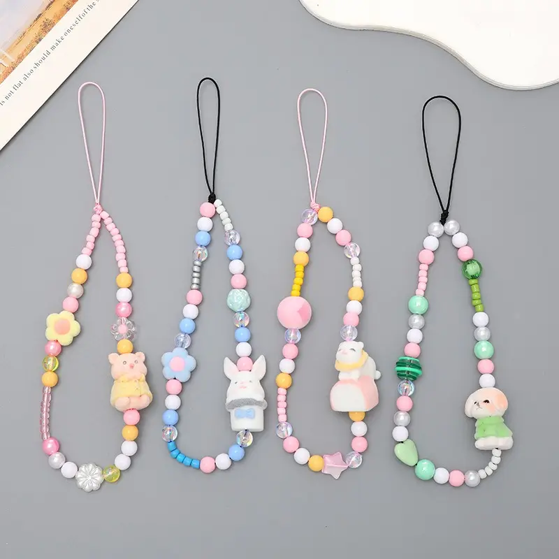 Cartoon Girl's Heart Plush Doll Beaded Phone Chain Cute Cat Rabbit Dog Beaded Phone Case Pendant Wholesale