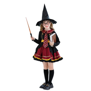 Ensemble de costumes d'inspiration sorcière pour enfants avec chapeau et baguette, tenue de cosplay d'Halloween pour filles - Product Image 1