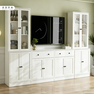 Mobile <span class=keywords><strong>TV</strong></span> moderno bianco a parete intera, ecologico, con <span class=keywords><strong>libreria</strong></span> alta in vetro abbinata e ante chiuse - Product Image 6