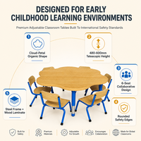 Ensemble table et chaises en forme de fleur pour enfants, 1 table et 6 chaises, 7 pièces, plateau en bois, cadre en métal bleu, pour maternelle, école maternelle, garderie