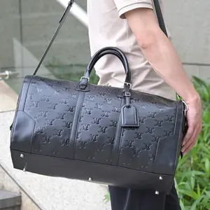 High End Luxury Custom Full Emboss Logo Men Black Cowhide Real Genuine Leather Duffel Overnight Travel Bags For Trip