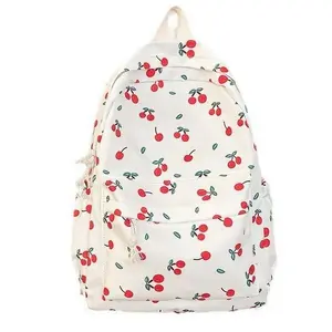 Custom Girls' Nylon School Backpack Large Capacity Fruit Cherry Pattern Laptop Backpack Bag with Anti-theft Back Pocket