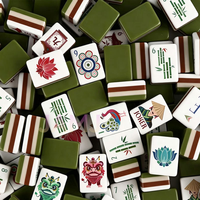 Tuiles de Mahjong Américain Vert Olive, 160 Pièces, Ensemble de Jeu en PVC Rayé à 3 Niveaux, Motifs Gravés à la Main Lion, Danse du Lion, Paon, Lotus