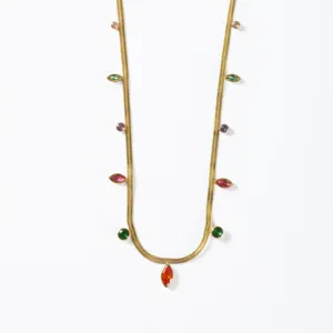 Valentine Gift for Girlfriend Luxury Stainless Steel Snake Bone Herringbone Chain Water Drop Colorful Zircon Charm Necklace