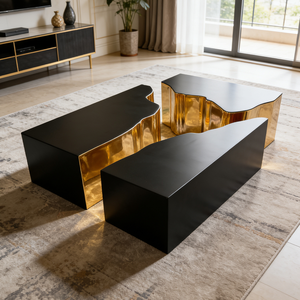 Ensemble de tables basses en métal poli de forme irrégulière unique, design minimaliste, plateau noir, tables centrales design, meubles pour la maison et la villa - Product Image 3