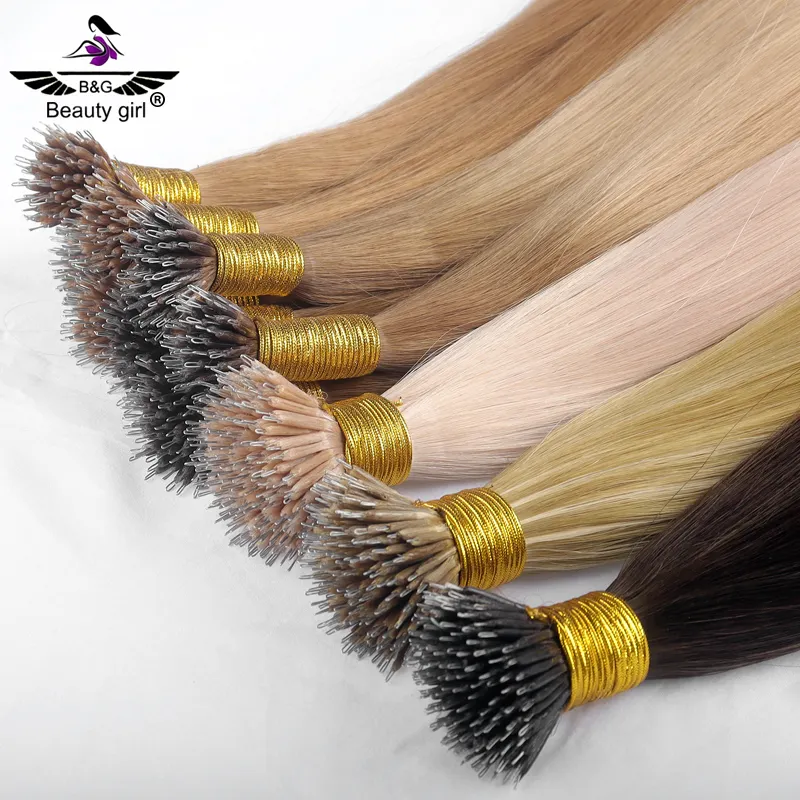 Bán buôn đôi rút ra 100% tóc con người chưa qua chế biến Remy Keratin sắt tip Nano Vòng tóc mở rộng