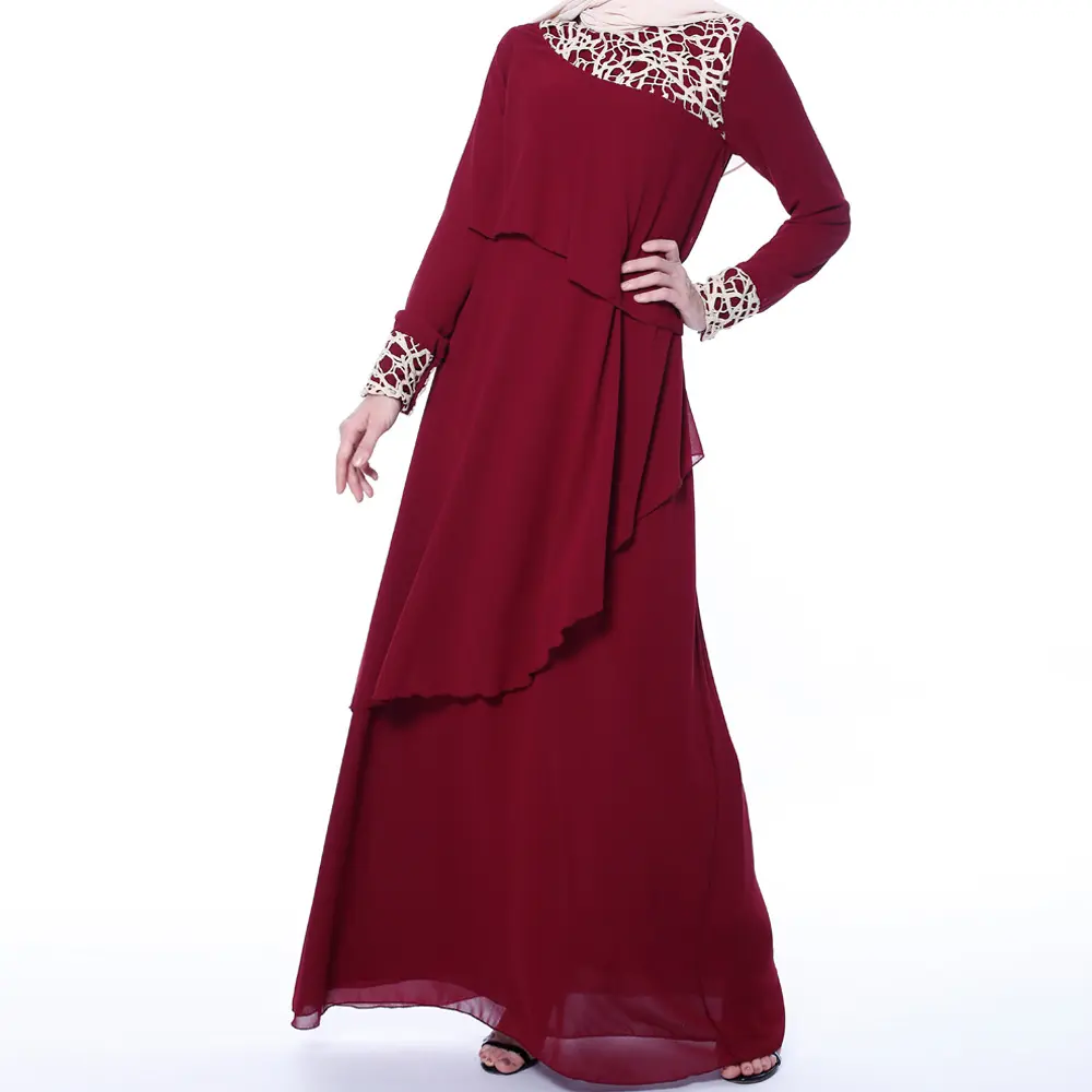 2023 New design Islamic Clothing Muslim Plain chiffon lace splicing abaya jalabiya for women elegance long Prayer dress