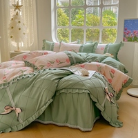 Ensemble de draps de lit de luxe à volants avec jolis rubans tricotés de tulipes vertes de style français