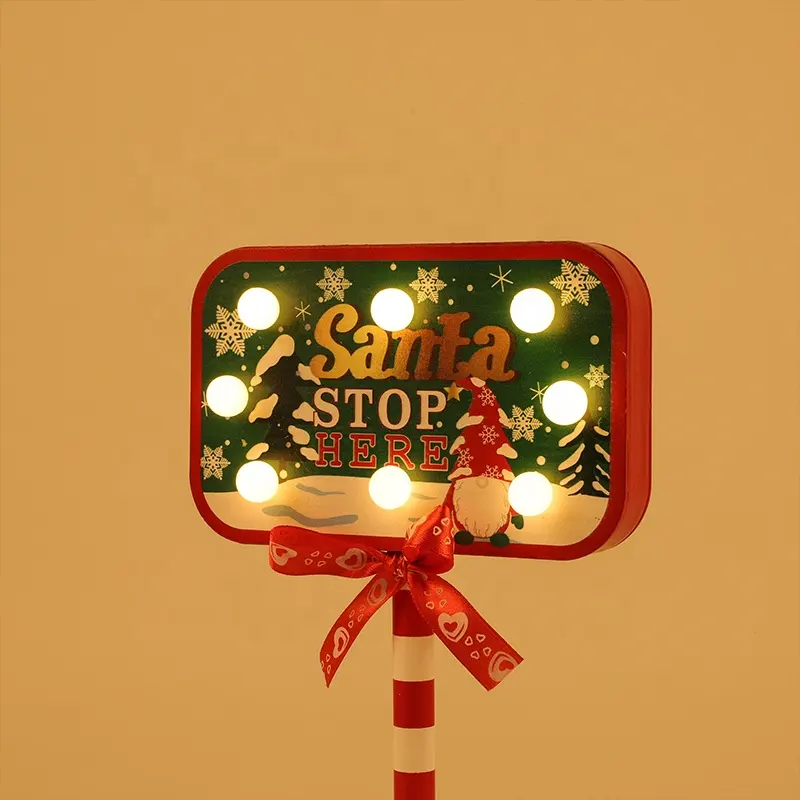 Lampu hias Natal LED dioperasikan oleh baterai, lampu hias Natal bentuk kayu, tanda Santa Stop di sini, untuk ruangan, toko, pesta, Ornamen Natal