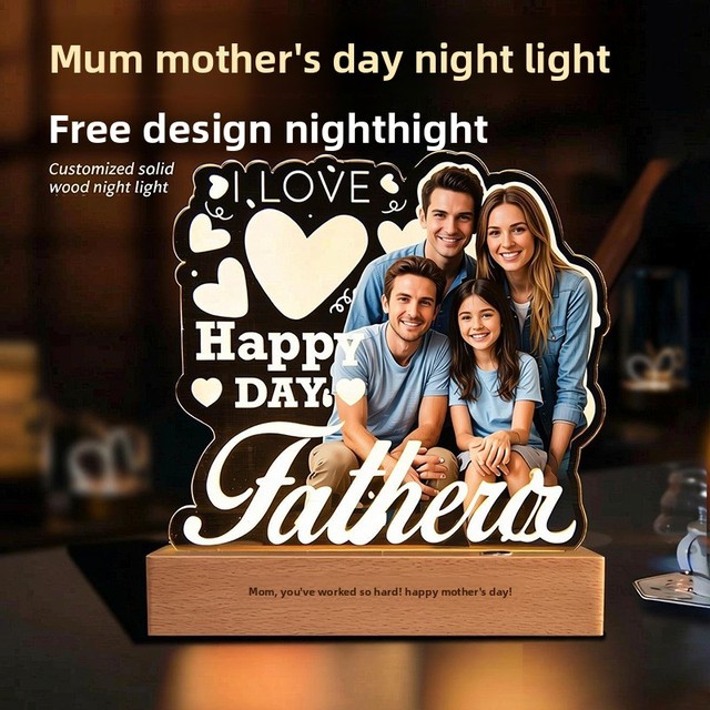 Photo Acrylic Night Light Custom Picture LED Lamp with Wooden Base for Mother's Day Father's Day Birthday Gifts Home Decor