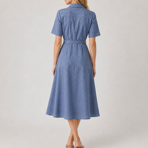 <span class=keywords><strong>Abito</strong></span> Camicia in <span class=keywords><strong>Lino</strong></span> <span class=keywords><strong>Blu</strong></span> da Donna con Cintura e Bottoni Frontali, Vestito Midi a Trapezio Personalizzato - Product Image 2
