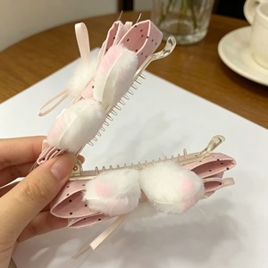 Pink polka dot lace bunny ear hair <b>clip</b> handmade hair accessory, a must-have for updos, sweet style banana <b>clip</b> - Product Image 4