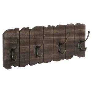 Perchero montado en la pared de madera marrón rústico de entrada con 4 ganchos dobles para pasillo - Product Image 1
