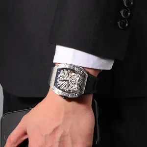 Relógio de esqueleto automático de aço inoxidável para negócios, pulseira de borracha de marca de luxo, design popular, relógio mecânico automático