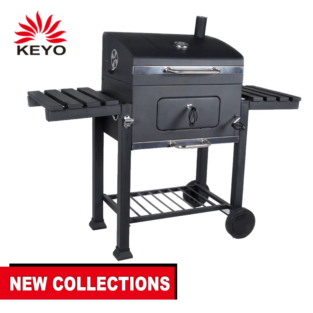 Square Trolley Cast Iron Grill Smoker with Chimney Charcoal Barbecue with Lid 145x66x107.5cm
