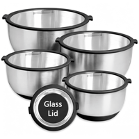 BPA-freies 304SS Rührschüssel-Set mit Gehärtetem Glasdeckel FDA LFGB Silikonring Rutschfester Boden zum Backen Salat Aufbewahrung