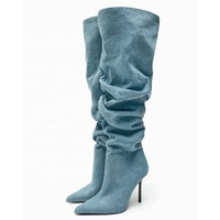 Bottes à talons hauts stiletto en denim froissé pour femmes