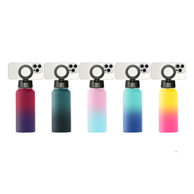 Gradient color magnetic lid phone holder tumbler stainless steel water bottle with magnetic ring magnetic lid phone holder