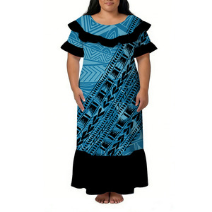 Abito Lungo Estivo Personalizzato all'Ingrosso Stile Hawaii con Collo Tondo e Stampa Polinesiana, Vestito da Donna con Doppia <span class=keywords><strong>Manica</strong></span> <span class=keywords><strong>Corta</strong></span> a Volant - Product Image 3