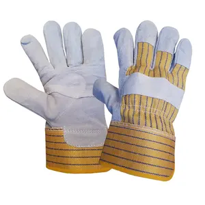 GL1004 Gants de soudage de sécurité en cuir de vache fendu économique Gants de travail à dos rayé jaune