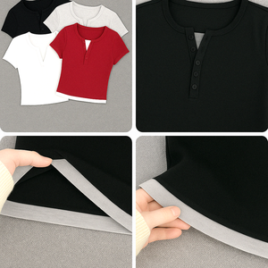 Top de verano con botones y manga corta de algodón ajustado para mujer, Top transpirable de doble capa, venta al por mayor - Product Image 6